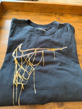 Men’s Nike Black T-Shirt with Dripping Orange-Yellow Swoosh Hoop Graphic